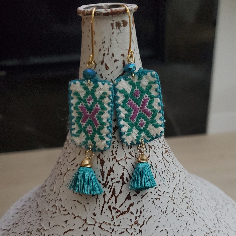 Bohemian Teal and Pink- Tassel Earrings Woven, 10/10 Condition
